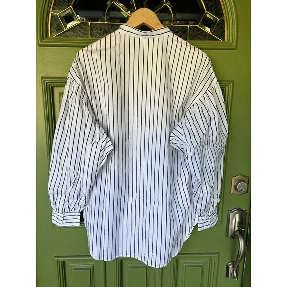 Ralph Lauren Black Label Collarless Tunic Striped Blouse Puffy Sleeves | Size 10 - Picture 2 of 15